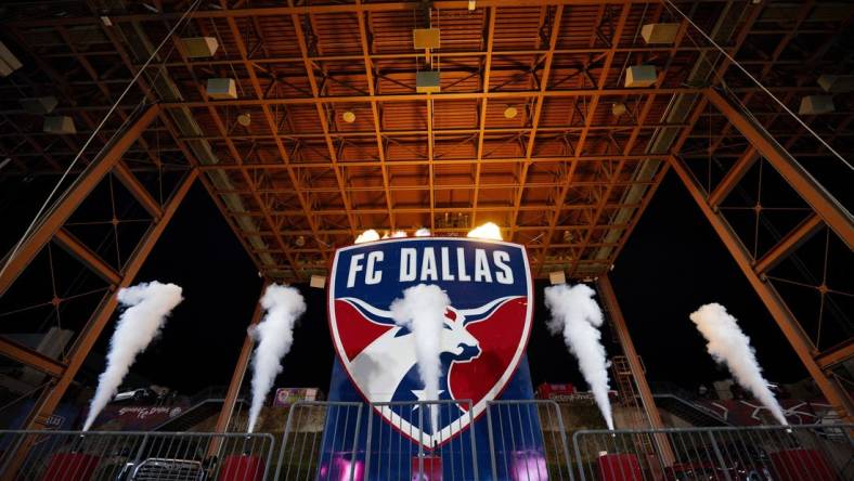 Oct 4, 2023; Frisco, Texas, USA; A view of the FC Dallas logo and smoke and flames before the game between FC Dallas and the Colorado Rapids at Toyota Stadium. Mandatory Credit: Jerome Miron-USA TODAY Sports