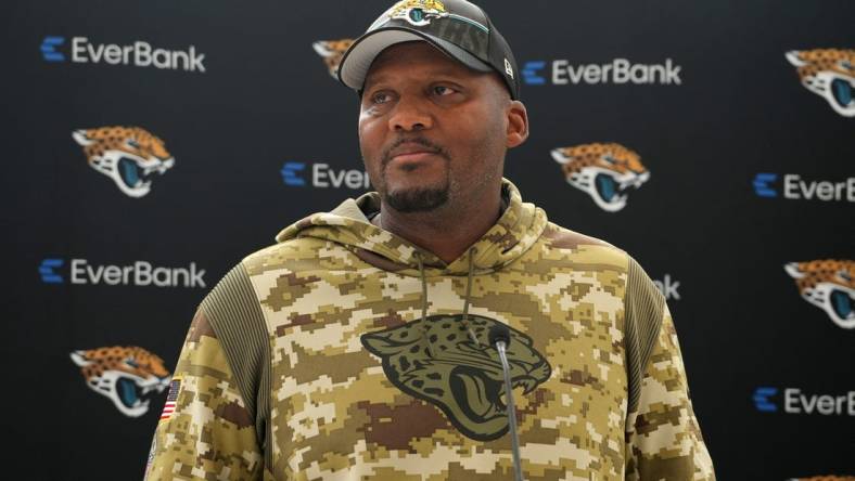 Oct 5, 2023; Ware, United Kingdom; Jacksonville Jaguars defensive coordinator Mike Caldwell at press conference at the Hanbury Manor Marriott. Mandatory Credit: Kirby Lee-USA TODAY Sports