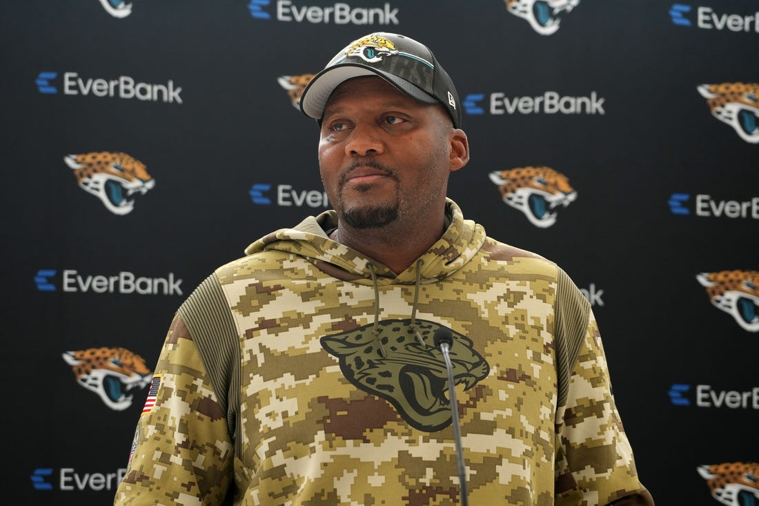 Oct 5, 2023; Ware, United Kingdom; Jacksonville Jaguars defensive coordinator Mike Caldwell at press conference at the Hanbury Manor Marriott. Mandatory Credit: Kirby Lee-USA TODAY Sports