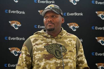 Oct 5, 2023; Ware, United Kingdom; Jacksonville Jaguars defensive coordinator Mike Caldwell at press conference at the Hanbury Manor Marriott. Mandatory Credit: Kirby Lee-USA TODAY Sports