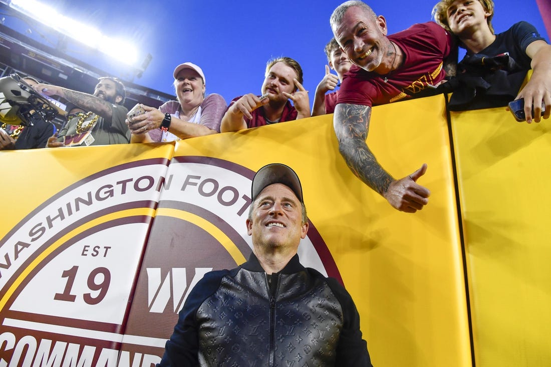 Oct 5, 2023; Landover, Maryland, USA; Washington Commanders owner Josh Harris with fans before the game against the Chicago Bears at FedExField. Mandatory Credit: Brad Mills-USA TODAY Sports