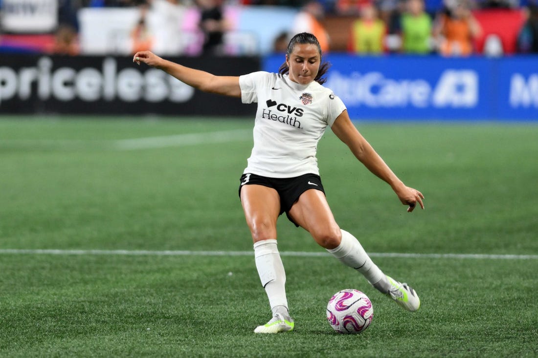 Oct 6, 2023; Seattle, Washington, USA; Washington Spirit defender Sam Staab (3) takes a free kick during the second half against OL Reign at Lumen Field. Mandatory Credit: Steven Bisig-USA TODAY Sports