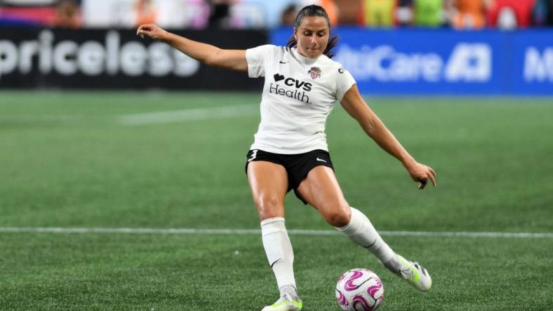 Oct 6, 2023; Seattle, Washington, USA; Washington Spirit defender Sam Staab (3) takes a free kick during the second half against OL Reign at Lumen Field. Mandatory Credit: Steven Bisig-USA TODAY Sports