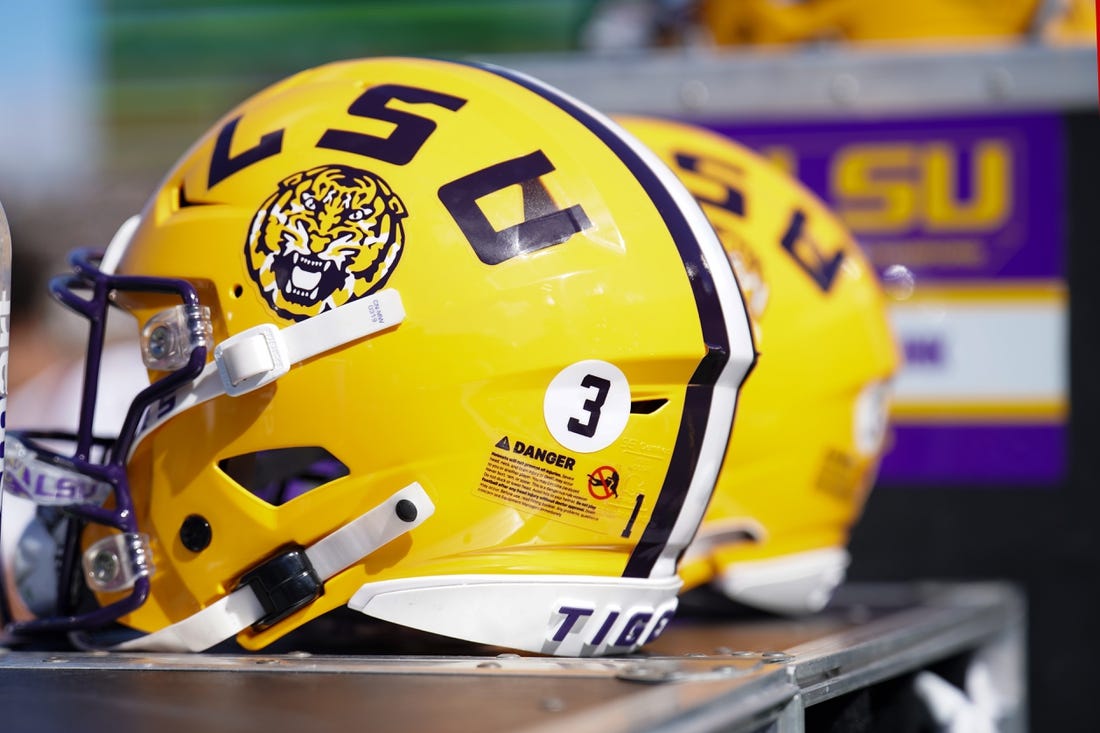 Oct 7, 2023; Columbia, Missouri, USA; A general view of a LSU Tigers helmet against the Missouri Tigers during the first half at Faurot Field at Memorial Stadium. Mandatory Credit: Denny Medley-USA TODAY Sports