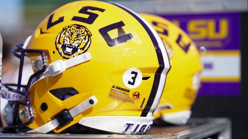 Oct 7, 2023; Columbia, Missouri, USA; A general view of a LSU Tigers helmet against the Missouri Tigers during the first half at Faurot Field at Memorial Stadium. Mandatory Credit: Denny Medley-USA TODAY Sports