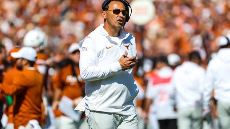 Oct 7, 2023; Dallas, Texas, USA; Texas Longhorns head coach Steve Sarkisian reacts during the first half against the Oklahoma Sooners at the Cotton Bowl. Mandatory Credit: Kevin Jairaj-USA TODAY Sports