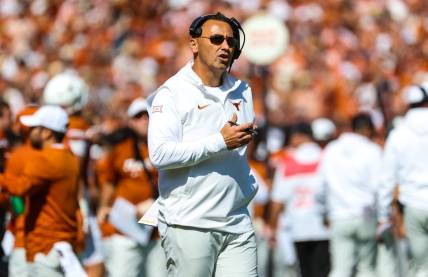Oct 7, 2023; Dallas, Texas, USA; Texas Longhorns head coach Steve Sarkisian reacts during the first half against the Oklahoma Sooners at the Cotton Bowl. Mandatory Credit: Kevin Jairaj-USA TODAY Sports