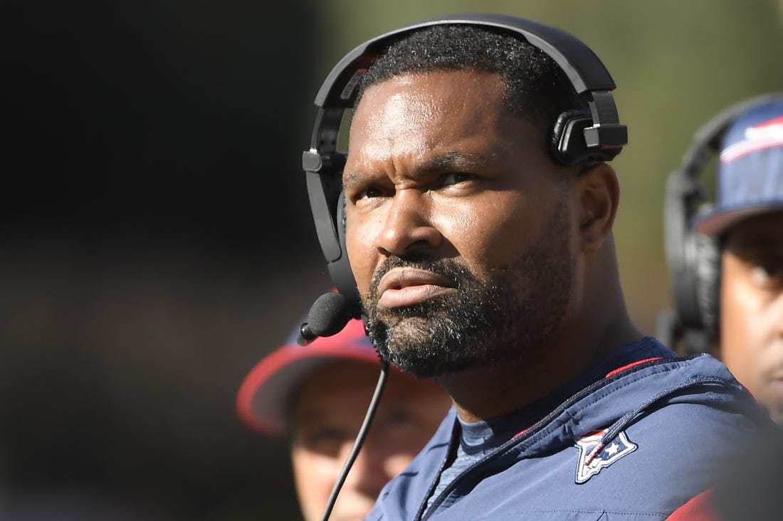 Oct 8, 2023; Foxborough, Massachusetts, USA;  New England Patriots linebackers coach Jerod Mayo during the second half against the New Orleans Saints at Gillette Stadium. Mandatory Credit: Bob DeChiara-USA TODAY Sports