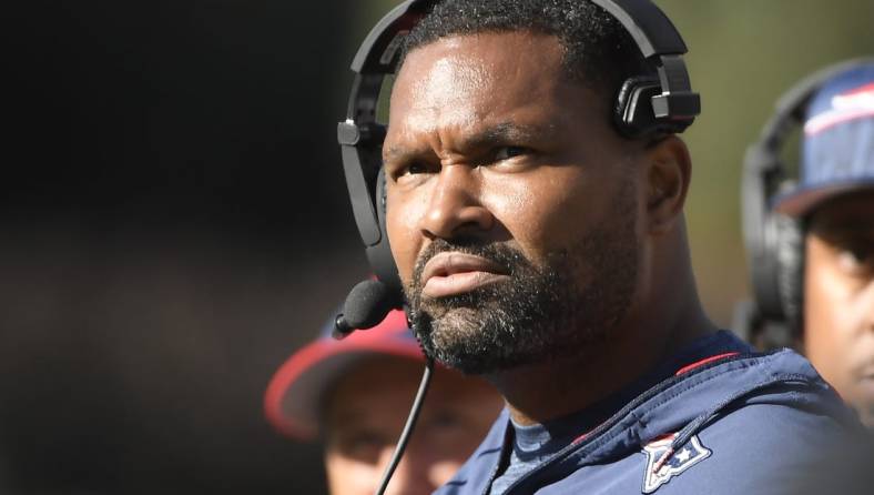 Oct 8, 2023; Foxborough, Massachusetts, USA;  New England Patriots linebackers coach Jerod Mayo during the second half against the New Orleans Saints at Gillette Stadium. Mandatory Credit: Bob DeChiara-USA TODAY Sports