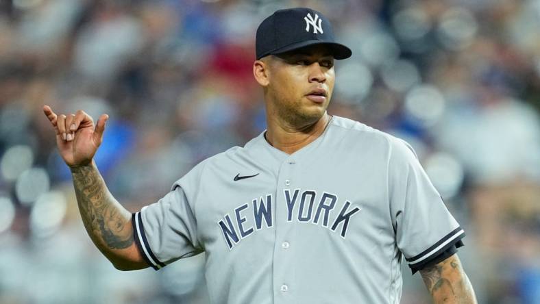 Sep 30, 2023; Kansas City, Missouri, USA; New York Yankees starting pitcher Frankie Montas (47) during the sixth inning against the Kansas City Royals at Kauffman Stadium. Mandatory Credit: Jay Biggerstaff-USA TODAY Sports