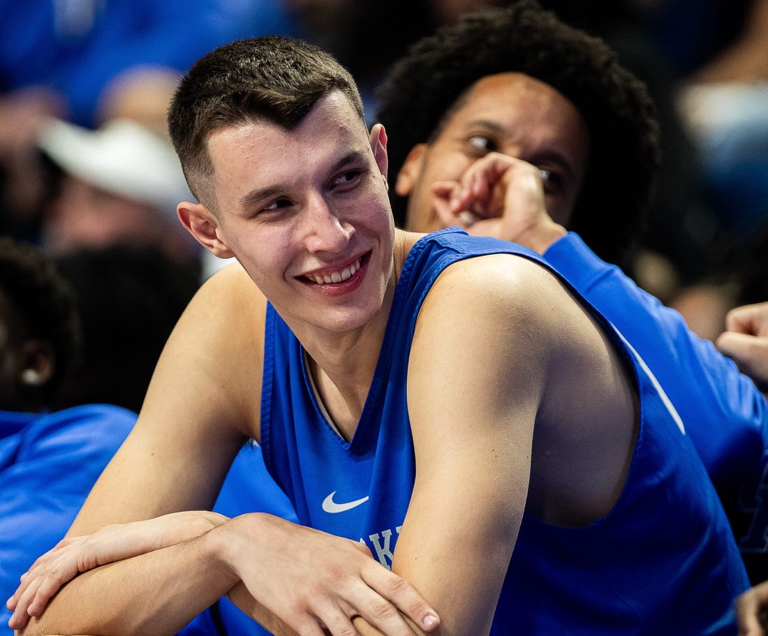 Zonimir Ivisic, the 7-foot-2 freshman center from Croatia, laughed with his teammates druing Big Blue Madness on Friday evening at Rupp Arena. Oct. 13, 2023
