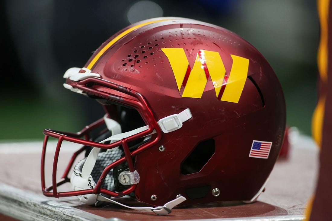 Oct 15, 2023; Atlanta, Georgia, USA; A Washington Commanders helmet on the sideline against the Atlanta Falcons in the second half at Mercedes-Benz Stadium. Mandatory Credit: Brett Davis-USA TODAY Sports