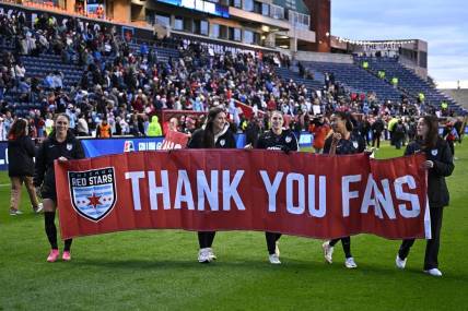 Oct 15, 2023; Bridgeview, Illinois, USA; Chicago Red Stars thank fans after the game against OL Reign at SeatGeek Stadium. Mandatory Credit: Daniel Bartel-USA TODAY Sports