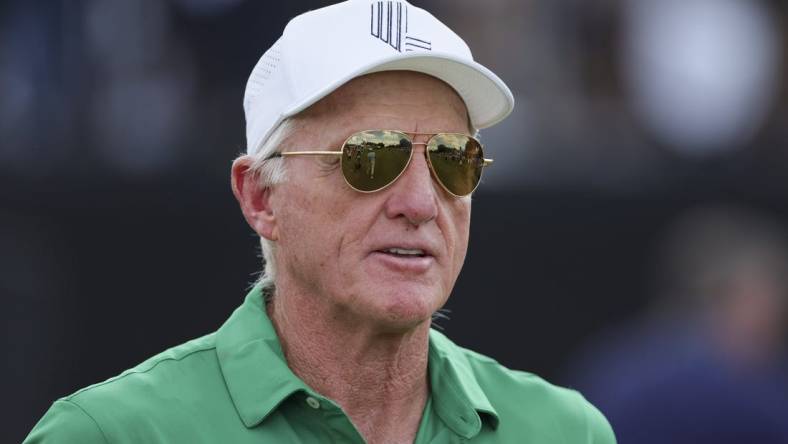 Oct 20, 2023; Doral, Florida, USA; LIV Golf CEO and commissioner Greg Norman looks on during the first round of the LIV Golf Miami golf tournament at Trump National Doral. Mandatory Credit: Sam Navarro-USA TODAY Sports