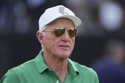 Oct 20, 2023; Doral, Florida, USA; LIV Golf CEO and commissioner Greg Norman looks on during the first round of the LIV Golf Miami golf tournament at Trump National Doral. Mandatory Credit: Sam Navarro-USA TODAY Sports