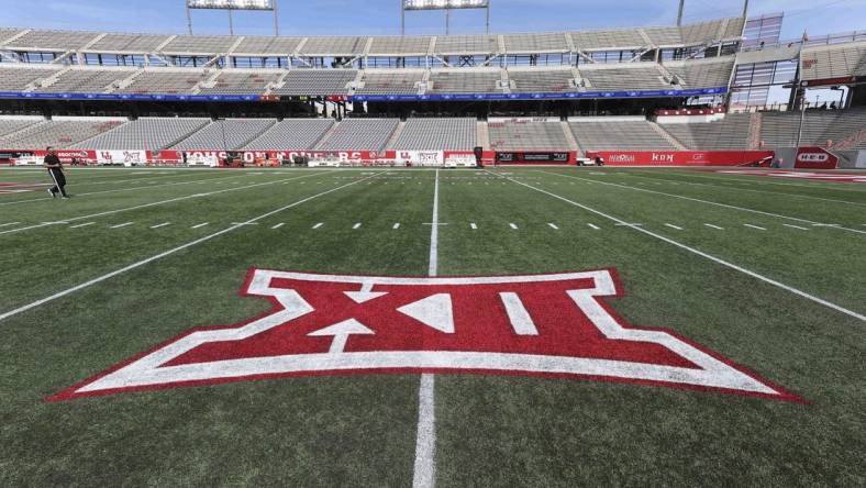 Oct 21, 2023; Houston, Texas, USA;  General view of the Big 12 logo on the field at TDECU Stadium before the game between the Houston Cougars and the Texas Longhorns. Mandatory Credit: Troy Taormina-USA TODAY Sports