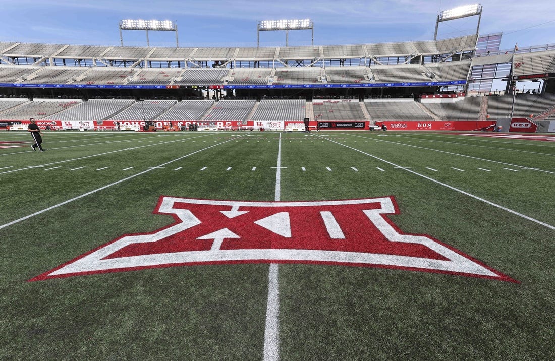 Oct 21, 2023; Houston, Texas, USA;  General view of the Big 12 logo on the field at TDECU Stadium before the game between the Houston Cougars and the Texas Longhorns. Mandatory Credit: Troy Taormina-USA TODAY Sports