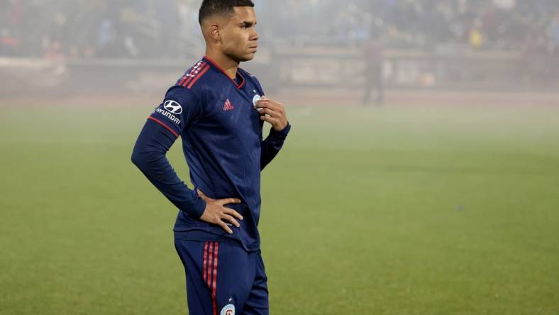 Oct 21, 2023; New York, NY, New York, NY, USA; Chicago Fire defender Miguel Angel Navarro (6) reacts after a match against the New York City FC at Citi Field. Mandatory Credit: Vincent Carchietta-USA TODAY Sports