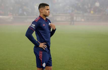 Oct 21, 2023; New York, NY, New York, NY, USA; Chicago Fire defender Miguel Angel Navarro (6) reacts after a match against the New York City FC at Citi Field. Mandatory Credit: Vincent Carchietta-USA TODAY Sports