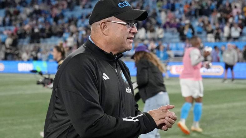 Oct 21, 2023; Charlotte, North Carolina, USA; Charlotte FC owner David Tepper reacts after their win against Inter Miami CF Bank of America Stadium. Mandatory Credit: Jim Dedmon-USA TODAY Sports