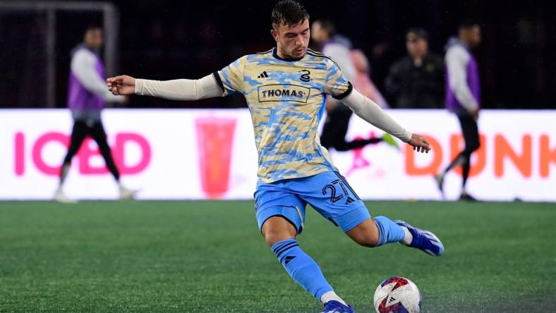 Oct 21, 2023; Foxborough, Massachusetts, USA; Philadelphia Union defender Kai Wagner (27) passes the ball during the second half against the New England Revolution at Gillette Stadium. Mandatory Credit: Eric Canha-USA TODAY Sports