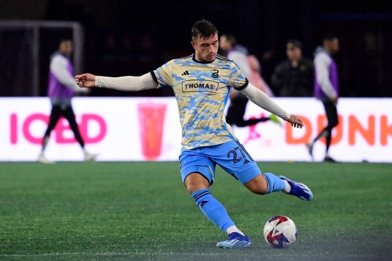 Oct 21, 2023; Foxborough, Massachusetts, USA; Philadelphia Union defender Kai Wagner (27) passes the ball during the second half against the New England Revolution at Gillette Stadium. Mandatory Credit: Eric Canha-USA TODAY Sports
