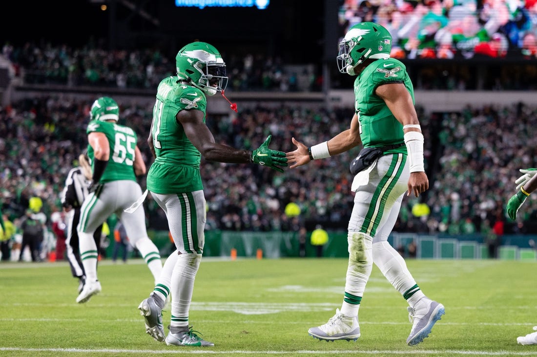 Oct 22, 2023; Philadelphia, Pennsylvania, USA; Philadelphia Eagles quarterback Jalen Hurts (1) and wide receiver A.J. Brown (11) shake hands after a touchdown drive against the Miami Dolphins during the fourth quarter at Lincoln Financial Field. Mandatory Credit: Bill Streicher-USA TODAY Sports