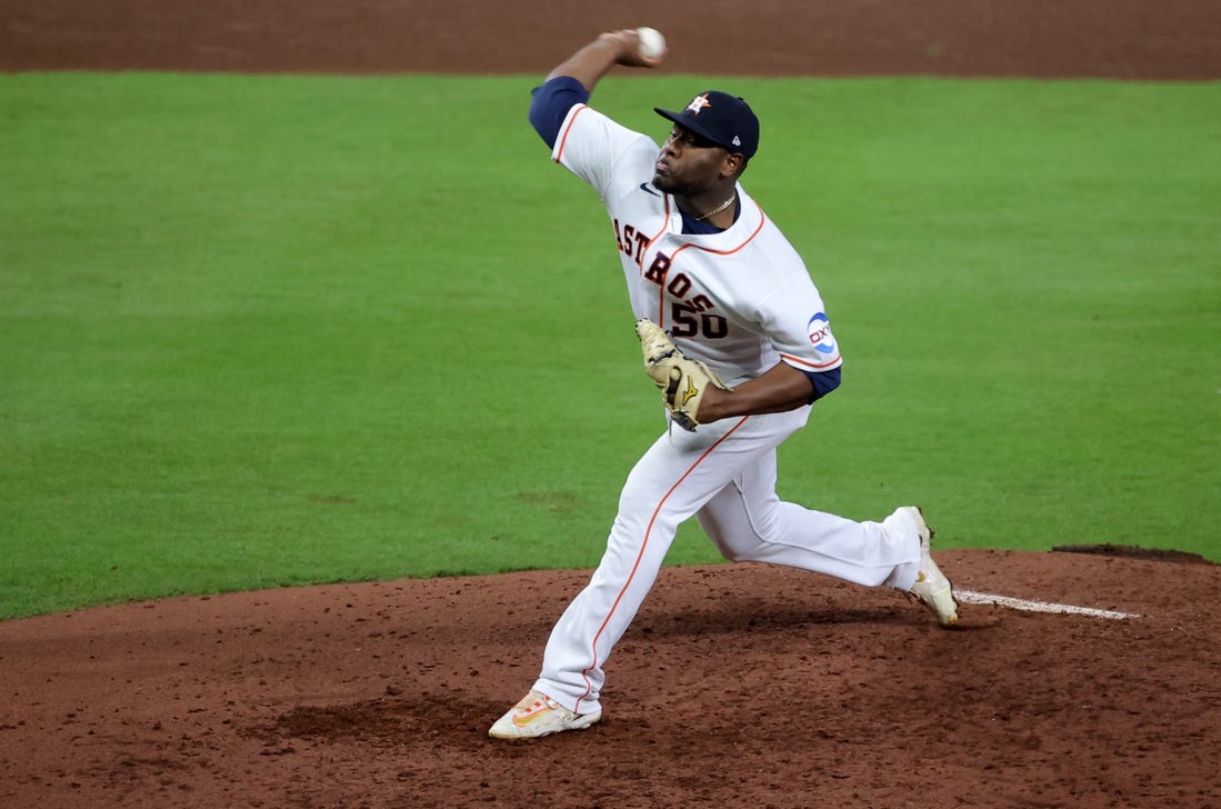 Oct 23, 2023; Houston, Texas, USA; Houston Astros pitcher Hector Neris (50) during the fourth inning of game seven in the ALCS against the Texas Rangers for the 2023 MLB playoffs at Minute Maid Park. Mandatory Credit: Erik Williams-USA TODAY Sports