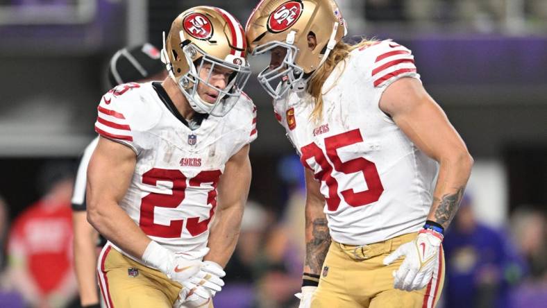 Oct 23, 2023; Minneapolis, Minnesota, USA; San Francisco 49ers running back Christian McCaffrey (23) and tight end George Kittle (85) react after a touchdown by McCaffrey against the Minnesota Vikings during the third quarter at U.S. Bank Stadium. Mandatory Credit: Jeffrey Becker-USA TODAY Sports