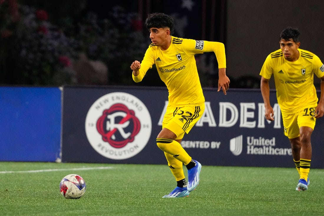 Oct 14, 2023; Foxborough, MA, USA; Columbus Crew 2 forward Taha Habroune (52) chases the ball against the New England Revolution II during the second half at Gillette Stadium. Mandatory Credit: Gregory Fisher-USA TODAY Sports