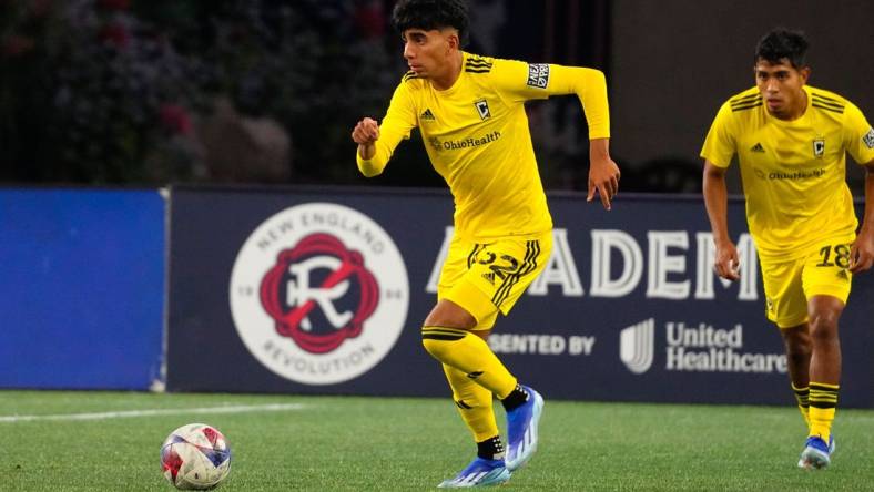 Oct 14, 2023; Foxborough, MA, USA; Columbus Crew 2 forward Taha Habroune (52) chases the ball against the New England Revolution II during the second half at Gillette Stadium. Mandatory Credit: Gregory Fisher-USA TODAY Sports