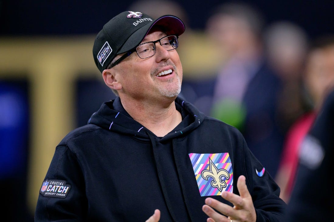 Oct 19, 2023; New Orleans, Louisiana, USA; New Orleans Saints offensive coordinator Pete Carmichael smiles before a game against the Jacksonville Jaguars at the Caesars Superdome. Mandatory Credit: Matthew Hinton-USA TODAY Sports