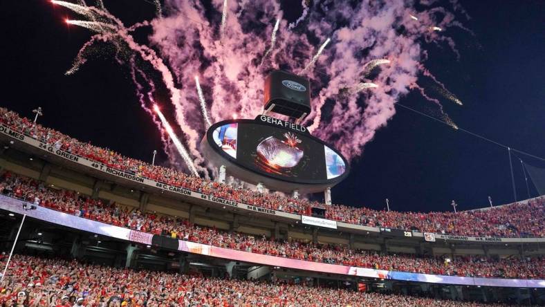 Oct 12, 2023; Kansas City, Missouri, USA; A general view of fireworks exploding prior to a game between the Kansas City Chiefs and Denver Broncos at GEHA Field at Arrowhead Stadium. Mandatory Credit: Denny Medley-USA TODAY Sports