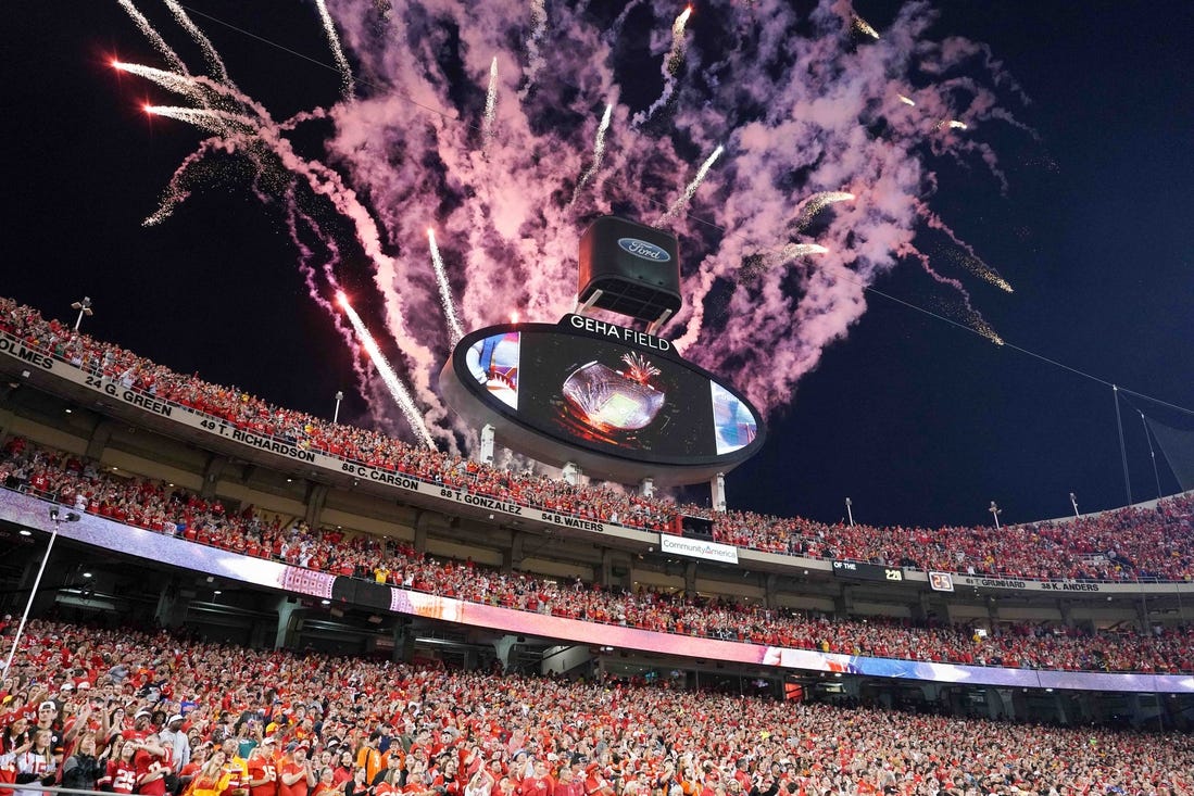 Oct 12, 2023; Kansas City, Missouri, USA; A general view of fireworks exploding prior to a game between the Kansas City Chiefs and Denver Broncos at GEHA Field at Arrowhead Stadium. Mandatory Credit: Denny Medley-USA TODAY Sports