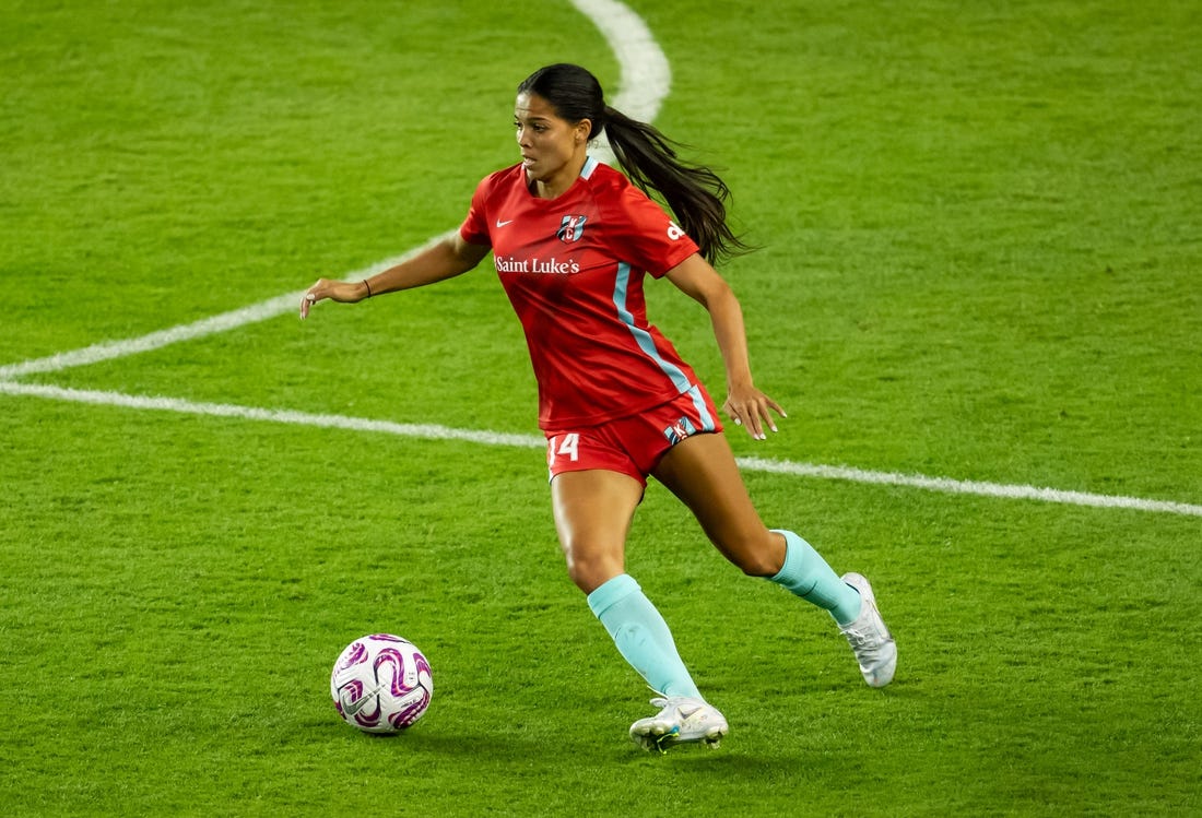 Oct 4, 2023; Kansas City, Kansas, USA; Kansas City Current midfielder Chardonnay Curran (14) controls the ball during the second half against Monterrey at Children   s Mercy Park. Mandatory Credit: Jay Biggerstaff-USA TODAY Sports