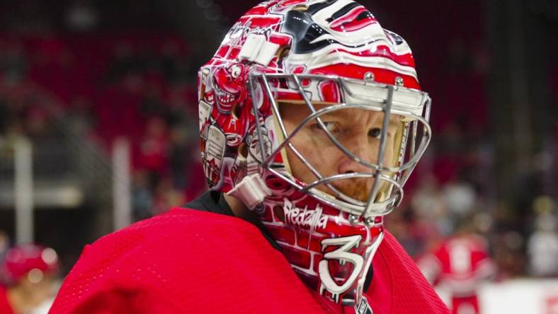 Oct 26, 2023; Raleigh, North Carolina, USA; Carolina Hurricanes goaltender Frederik Andersen (31) looks on before the game against the Seattle Kraken at PNC Arena. Mandatory Credit: James Guillory-USA TODAY Sports