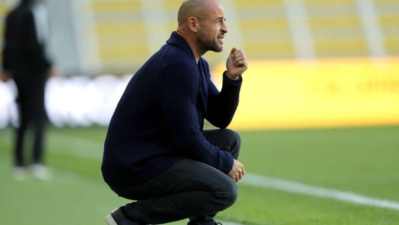 Oct 22, 2023; Columbus, OH, USA;  Columbus Crew 2 ahead coach Laurent Courtois during the first half of the Next Pro Cup game game between the Columbus Crew 2 and the Austin FC II at Lower.com Field. Mandatory Credit: Joseph Maiorana-USA TODAY Sports