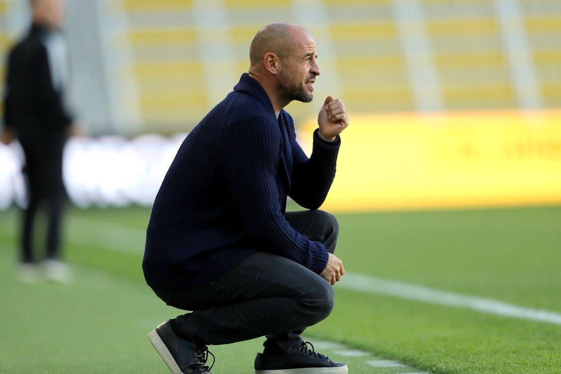 Oct 22, 2023; Columbus, OH, USA;  Columbus Crew 2 ahead coach Laurent Courtois during the first half of the Next Pro Cup game game between the Columbus Crew 2 and the Austin FC II at Lower.com Field. Mandatory Credit: Joseph Maiorana-USA TODAY Sports