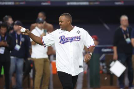 Oct 28, 2023; Arlington, TX, USA; Former Texas Rangers player Adrian Beltre walks to the mound to throw out the ceremonial first pitch before the game between the Texas Rangers and the Arizona Diamondbacks in game two of the 2023 World Series at Globe Life Field. Mandatory Credit:Kevin Jairaj-USA TODAY Sports