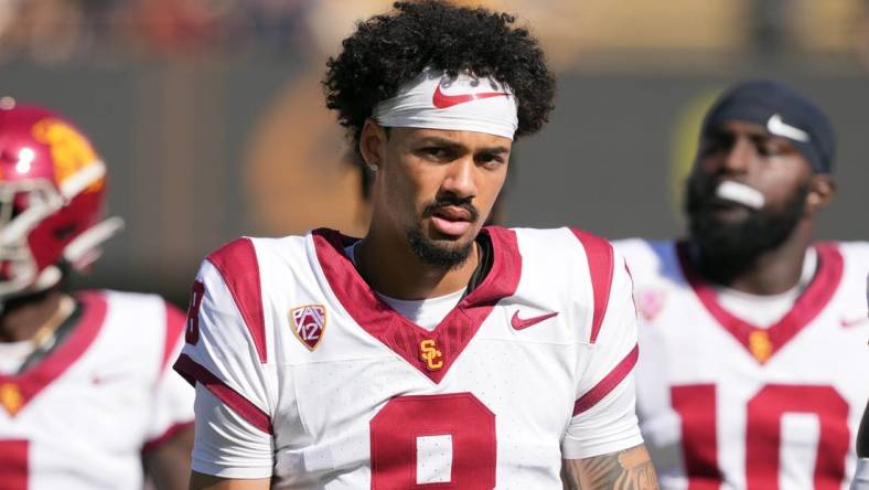 Oct 28, 2023; Berkeley, California, USA; USC Trojans quarterback Malachi Nelson (8) before the game against the California Golden Bears at California Memorial Stadium. Mandatory Credit: Darren Yamashita-USA TODAY Sports