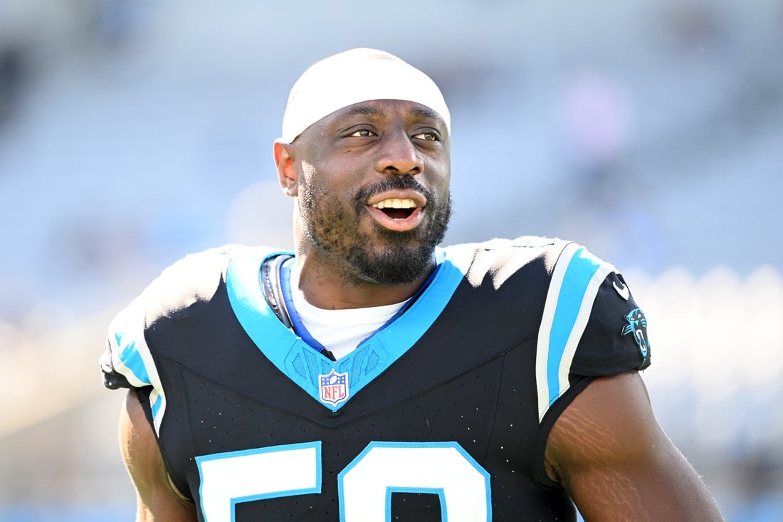 Oct 29, 2023; Charlotte, North Carolina, USA; Carolina Panthers linebacker Justin Houston (50) during warm up at Bank of America Stadium. Mandatory Credit: Bob Donnan-USA TODAY Sports