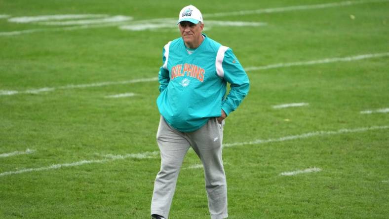 Nov 2, 2023; Frankfurt, Germany; Miami Dolphins defensive coordinator Vic Fangio during practice at the PSD Bank Arena. Mandatory Credit: Kirby Lee-USA TODAY Sports