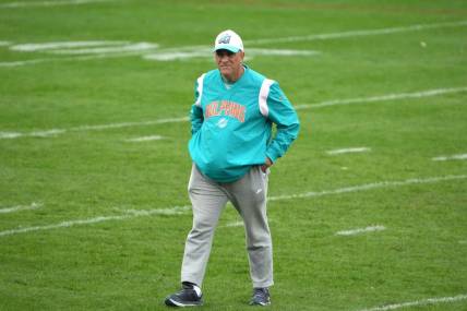Nov 2, 2023; Frankfurt, Germany; Miami Dolphins defensive coordinator Vic Fangio during practice at the PSD Bank Arena. Mandatory Credit: Kirby Lee-USA TODAY Sports