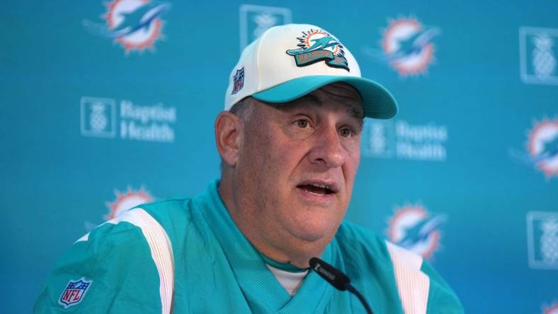 Nov 2, 2023; Frankfurt, Germany; Miami Dolphins defensive coordinator Vic Fangio at press conference at the PSD Bank Arena. Mandatory Credit: Kirby Lee-USA TODAY Sports