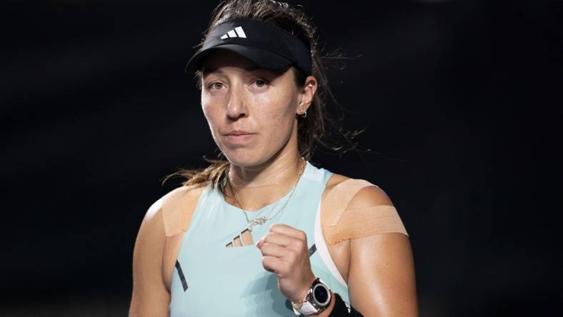 Nov 2, 2023; Cancun, Mexico; Jessica Pegula (USA) reacts to a point during her match against Maria Sakkari (GRE) on day five of the GNP Saguaros WTA Finals Cancun. Mandatory Credit: Susan Mullane-USA TODAY Sports