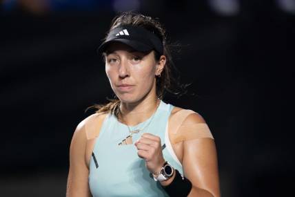 Nov 2, 2023; Cancun, Mexico; Jessica Pegula (USA) reacts to a point during her match against Maria Sakkari (GRE) on day five of the GNP Saguaros WTA Finals Cancun. Mandatory Credit: Susan Mullane-USA TODAY Sports