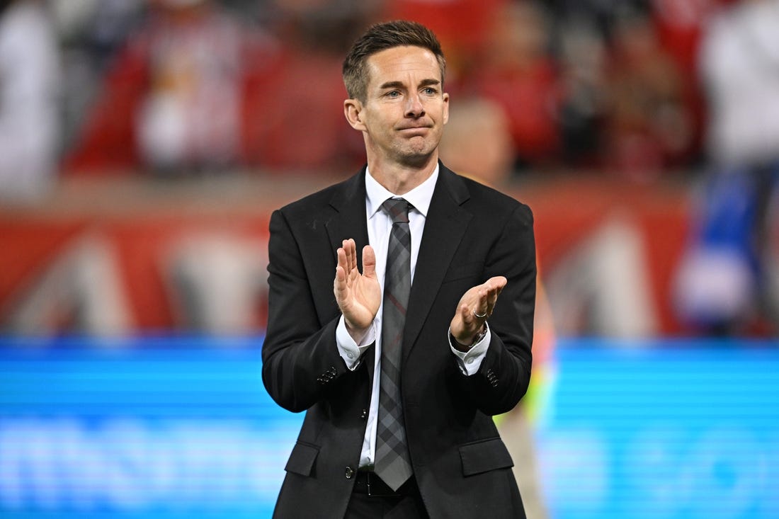 Nov 4, 2023; Harrison, NJ, USA; New York Red Bulls head coach Troy Lesesne reacts after the game against FC Cincinnati of game two in a round one match of the 2023 MLS Cup Playoffs at Red Bull Arena. Mandatory Credit: Mark Smith-USA TODAY Sports