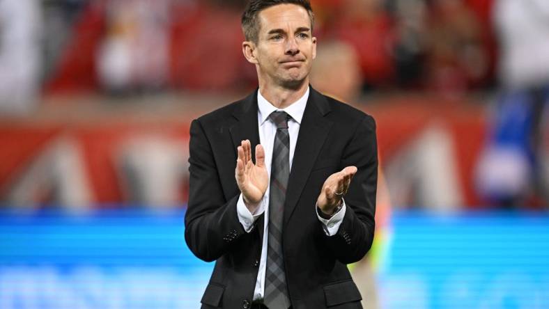 Nov 4, 2023; Harrison, NJ, USA; New York Red Bulls head coach Troy Lesesne reacts after the game against FC Cincinnati of game two in a round one match of the 2023 MLS Cup Playoffs at Red Bull Arena. Mandatory Credit: Mark Smith-USA TODAY Sports