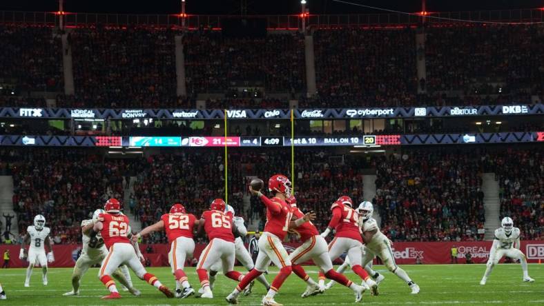 Nov 5, 2023; Frankfurt, Germany; A general overall view as Kansas City Chiefs quarterback Patrick Mahomes (15) throws the ball against the Miami Dolphins in the second half during an NFL International Series game at Deutsche Bank Park. Mandatory Credit: Kirby Lee-USA TODAY Sports