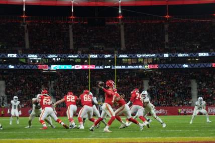 Nov 5, 2023; Frankfurt, Germany; A general overall view as Kansas City Chiefs quarterback Patrick Mahomes (15) throws the ball against the Miami Dolphins in the second half during an NFL International Series game at Deutsche Bank Park. Mandatory Credit: Kirby Lee-USA TODAY Sports